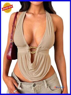 Y2K Halter Top Deep V Neck Tie Open Back Sleeveless Backless Crop Top Club